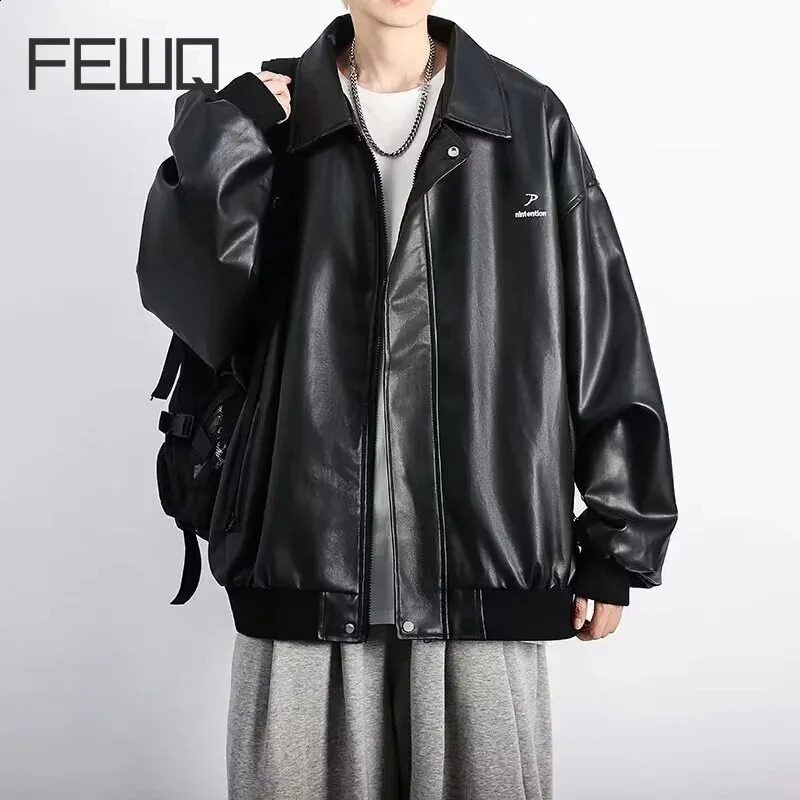 FEWQ PU Leather Mens Jacket Street Fashion Spring Autumn Loose Solid Color Casual Long Sleeve Male Tops 24E2062 240826