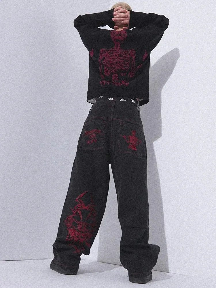 HOUZHOU Y2K Mens Hip Hop Retro Skeleton Embroidery Bag Washing Pants Skeleton Casual Loose Wide Leg Mens Street Clothing 240827 ww