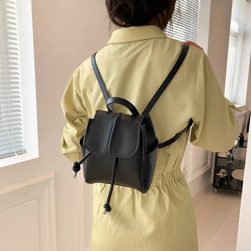 Soft PU backpack for women Korean fashion casual solid color simple mini backpack drawstring buckle cute backpack 240826
