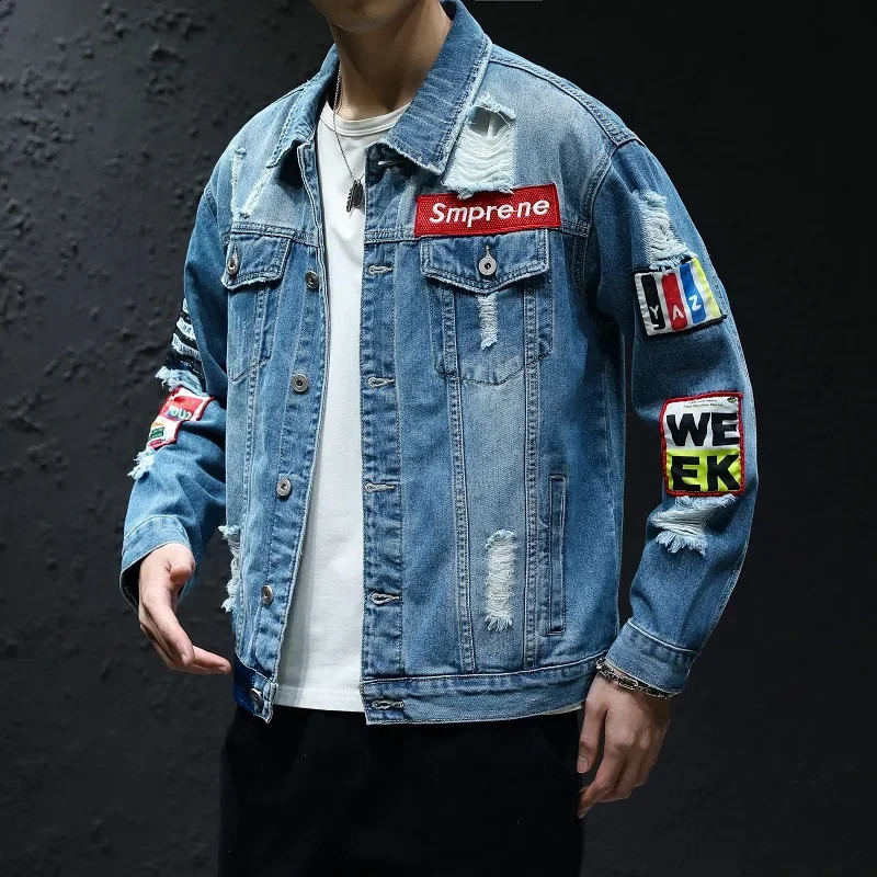 Denim Jacket Men Women Hip Hop Streetwear Punk Motorcycle Ripped Print Cowboy Outwear High Quality Casual Hole Male Jeans Coat 240826