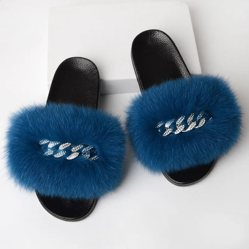 Summer womens slider womens real fox fur slider indoor fuzzy plush flip flat sandals fluffy home shoes womens arrival 240827