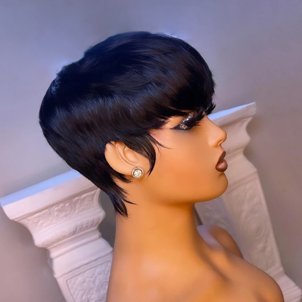 Short Straight Bob Wig Pixie Cut Wig Human Hair For Black Women With Bangs Brazilian Virgin Hair Non Lace front Wig Black 240826
