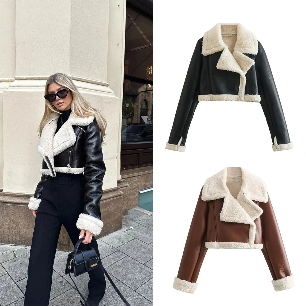 Autumn and winter European and American double-sided loose fitting zipper crop jacket womens leather one-piece jacket 240827