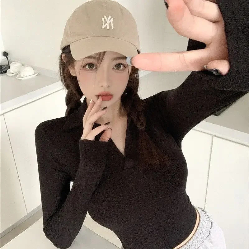 polo neck womens long sleeved T-shirt womens T-shirt autumn and winter fashion polyester fiber providing high-quality Y2k fashion 240827