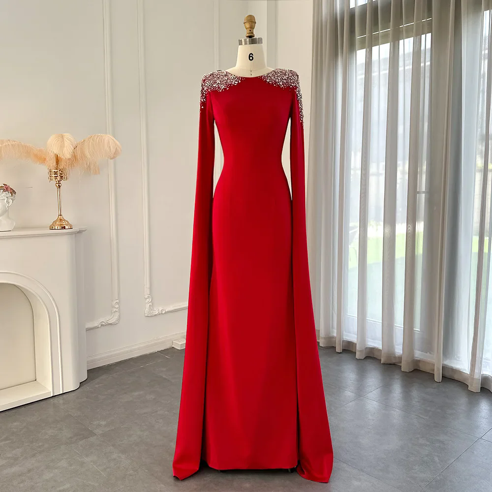 Elegant Red White Mermaid Dubai Evening Dresses for Women Weddings Party Cape Sleeves Muslim Long Formal Dresses