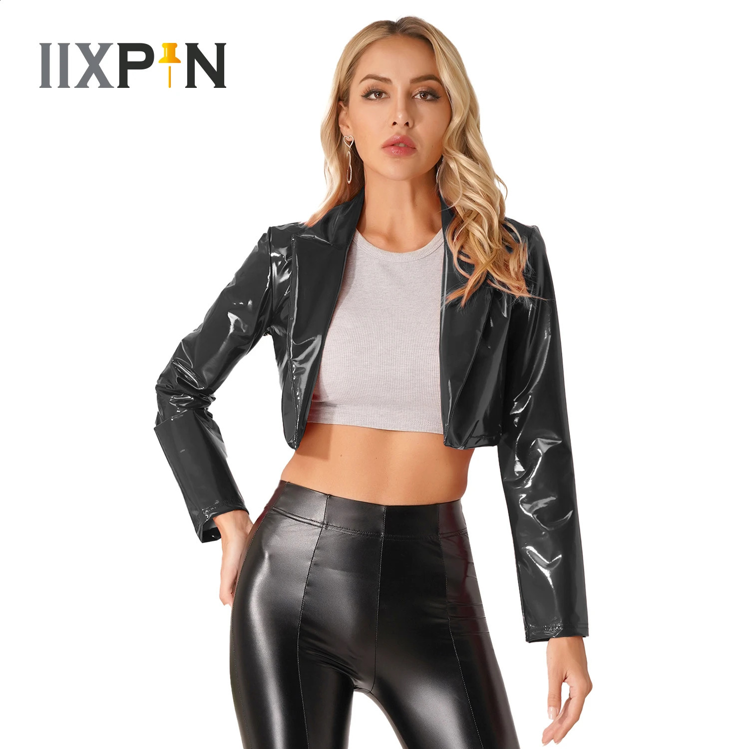 Womens Patent Leather Cutting Jacket Womens Fashion Long Sleeve Collar Motorcycle Jacket Wet Appearance Music Festival Club Clothing 240827