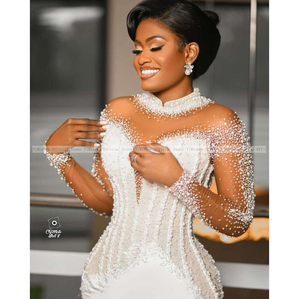 Lavish Mermaid Wedding Dresses for Bride High Neck Long Sleeve Pearls Beading African Bridal Gowns robes