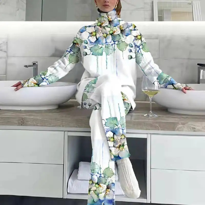 Femme Long Sleeve Top High Waist Pant Suit Elegant Women Turtleneck Print Casual Tracksuit Spring Autumn Loose Pant Suit 240826