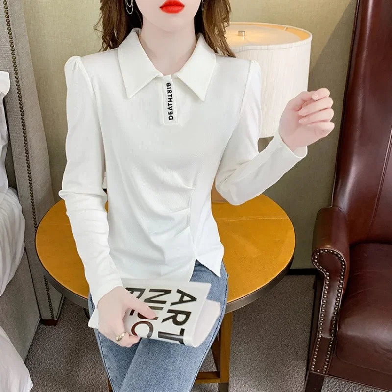 Business top plain weave polo neck womens long sleeved beautiful Korean clothing synthetic Y2k fashion 2025 womens T-shirt 240827