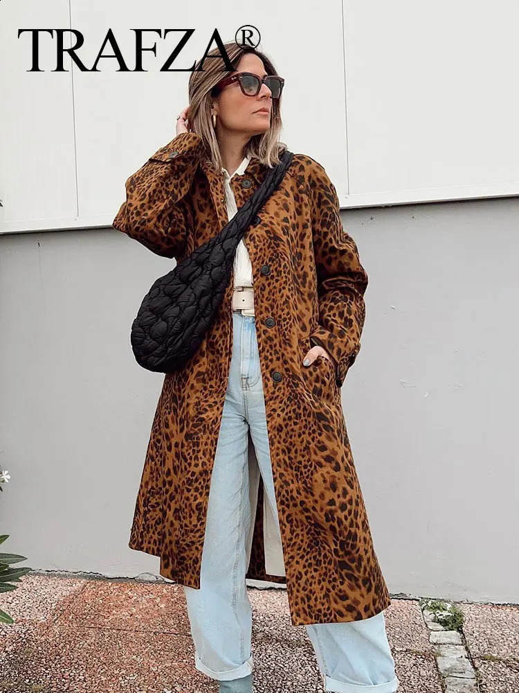 TRAFZA Womens Fashion Leopard Pattern Trench Coat Retro Long Sleeve Single Chest Jacket Street Clothing TRAF 240826