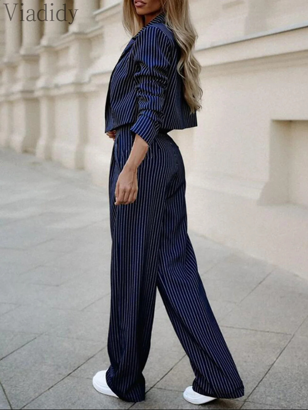 Women Elegant Suits Long Sleeve Button Decor Striped Blazer Coat and High Waist Wide Leg Pants 2pcs Set 240826