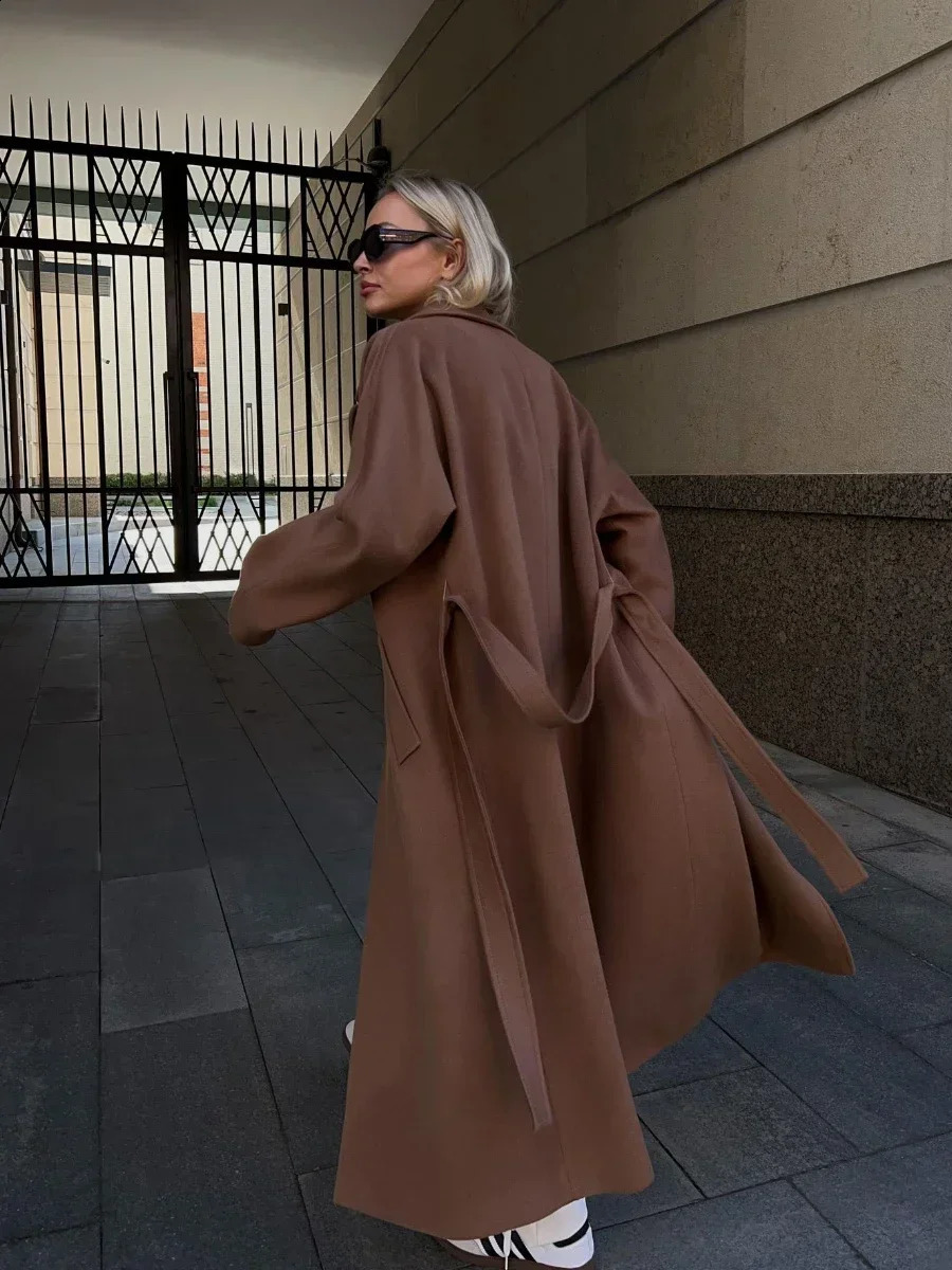 Bornlades Winter Thick Wool Coat Womens Belt Loose Long Jacket Office Autumn Warm Blended 240826