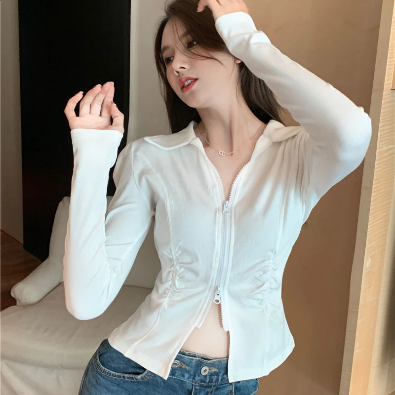 Double zipper jacket womens long sleeved cut jacket short top Y2k clothing ultra-thin street clothing polo neck cardigan 240827