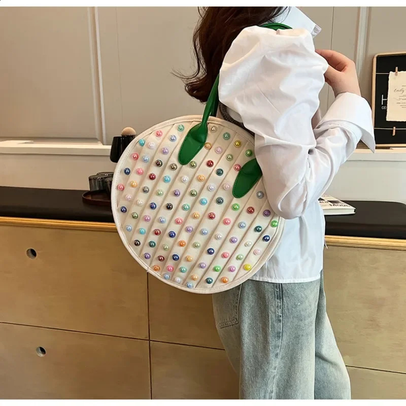 Colorful Rivet Canvas Circular Shoulder Bags Large Capacity Unique Casual Tote Bags for Women Fashion Style 240827
