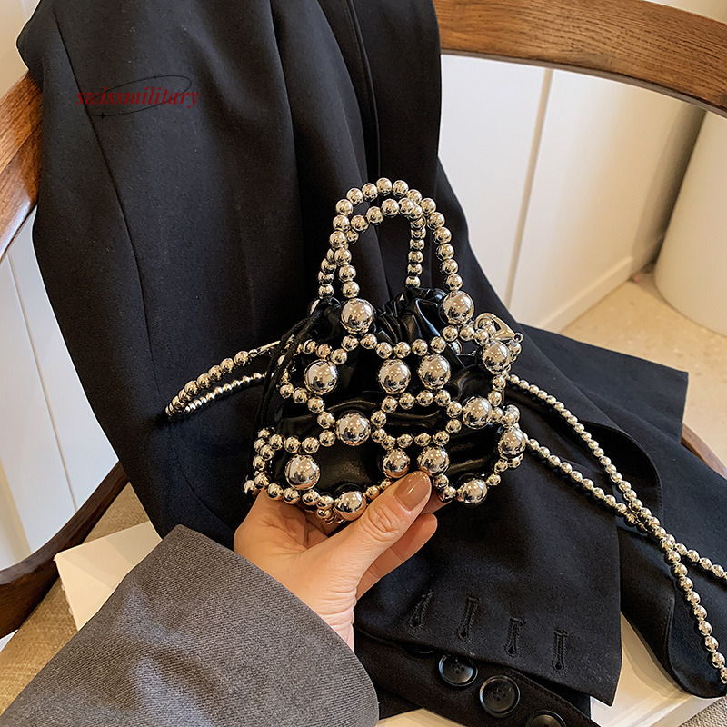 Swissmilitary Small high-end spherical hardware handbag with 2024 summer trend, featuring drawstring design and a stylish woven crossbody bag #22