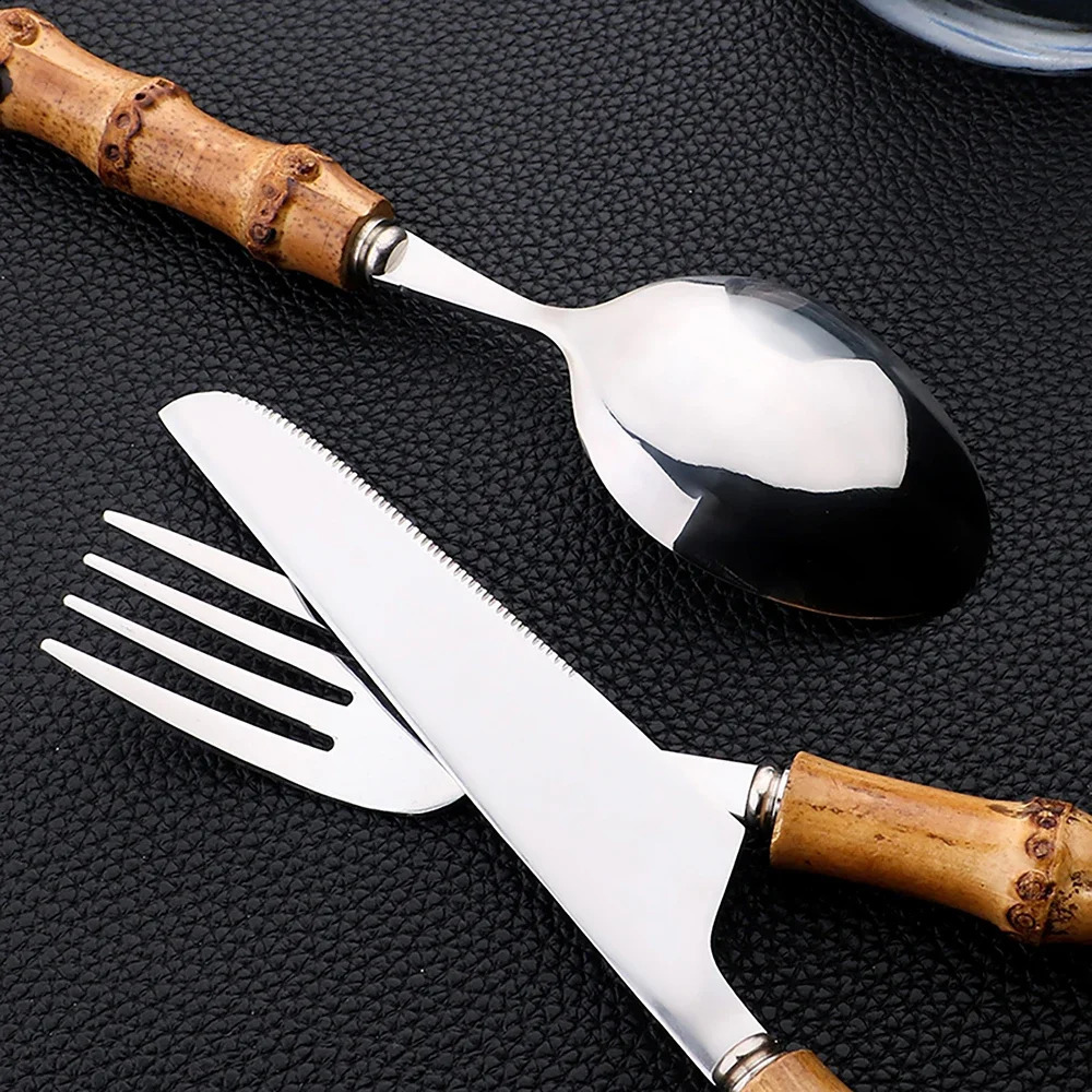 24 piece bamboo tableware set stainless steel pure natural handle w240826
