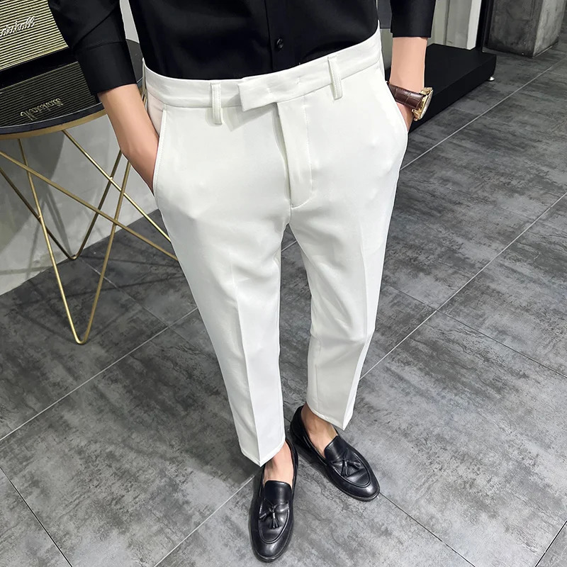Summer Fashion Mens Dark Green Suit Pants Pure Color Business Occupation Slim Fit Dress Office Ankle Trousers 240827