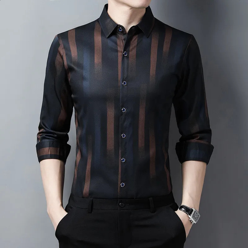 Mens Shirt Striped Long Sleeve Autumn Casual Fit Slim Mens Dress Shirt Multi-Color Formal Business Social Clothing Tops 240815