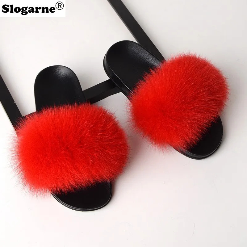 Real Fox fur slider womens outdoor leather slider unisex mens European colored Fox fur sandals 2024 womens sexy slider 240827