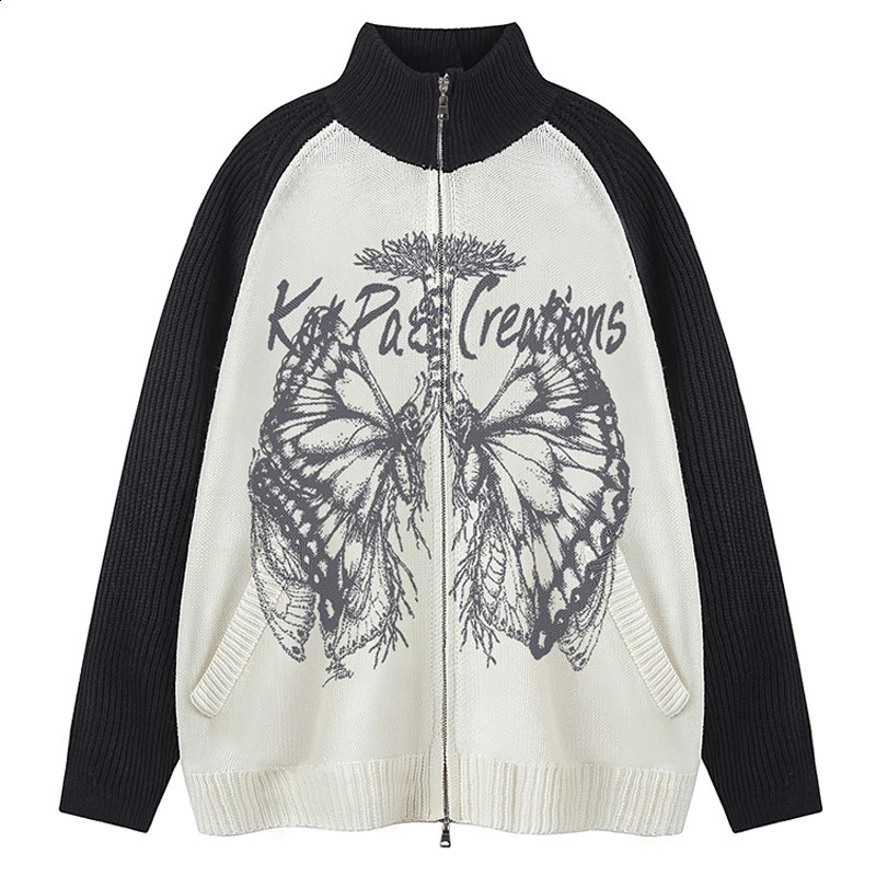 Mens oversized sweater cardigan wool Y2K retro knitted creative print hiphop loose double zipper motorcycle jacket 240826