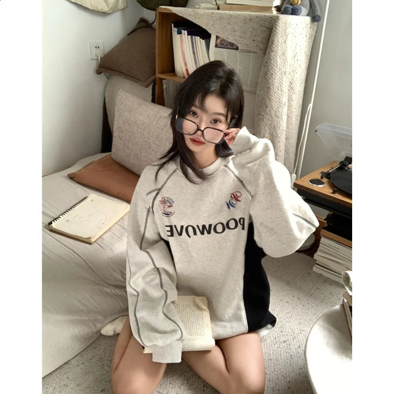 Women Clothing Vintage Street Sweatshirt Splicing Y2K Letter Printing Round Neck Pullover Long Sleeves Warm Oversize Ladies Tops 240827