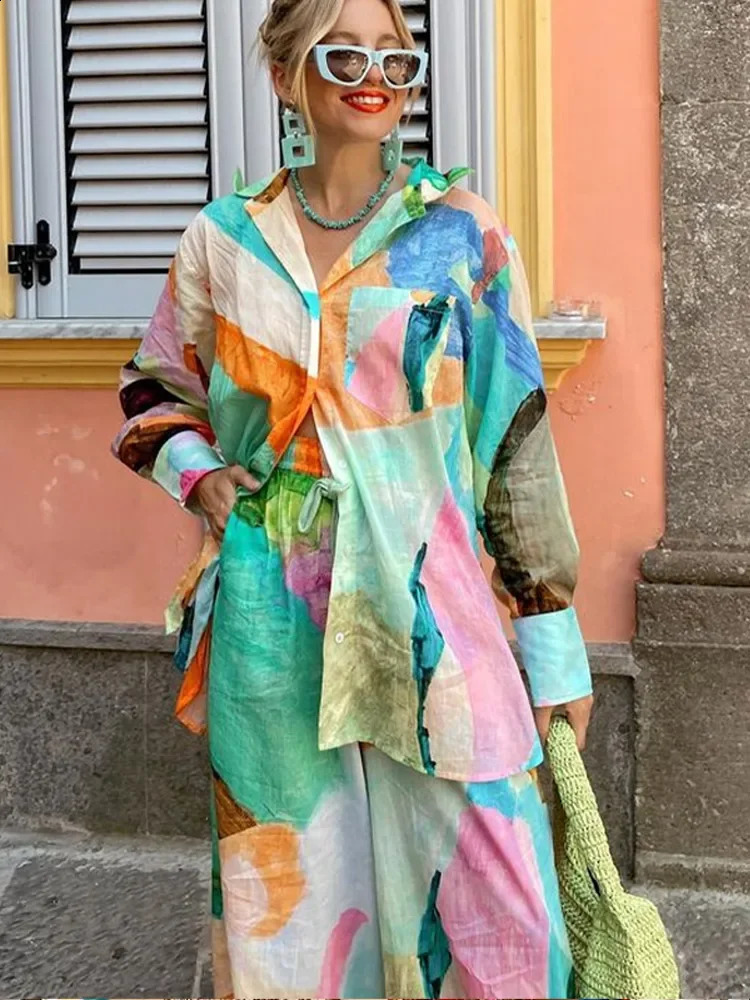 Fashion Printed Long Pant Sets for Women Casual Long Sleeve Pocket Shirt Loose Wide Leg Trousers Female 2 Pieces Set Streetwear 240826