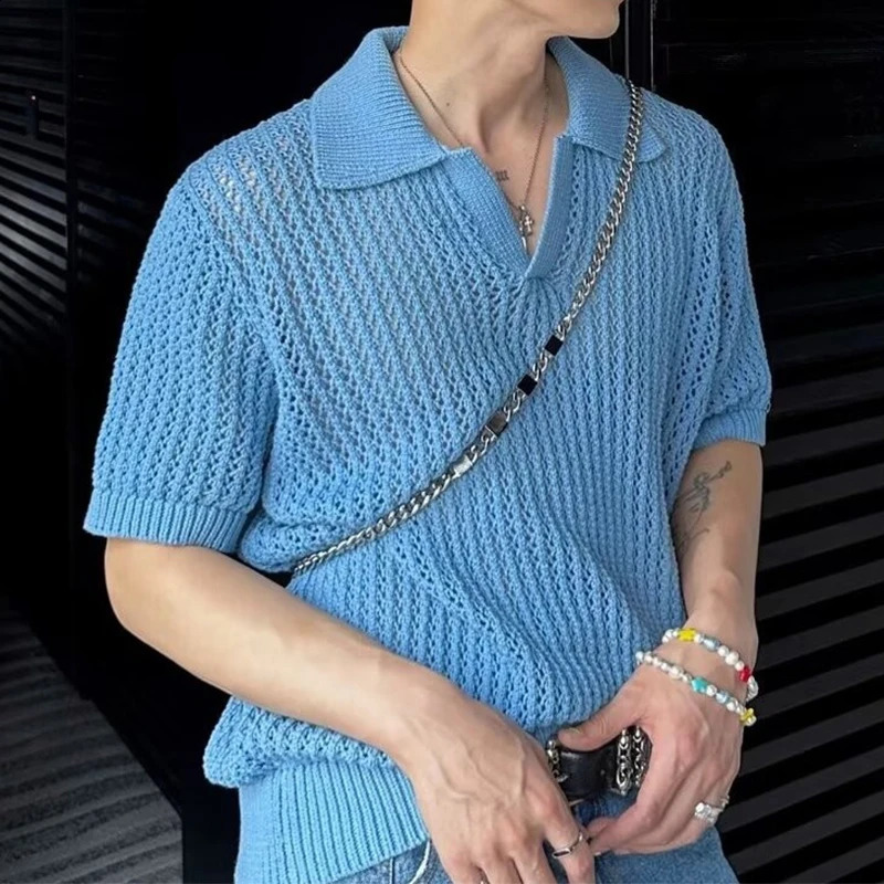 Fashion Turn-down Collar Knitted Polo Shirt Men Casual Short Sleeve Hollow Out Breathable Knit Tops Summer Mens Knitting Clothes 240827