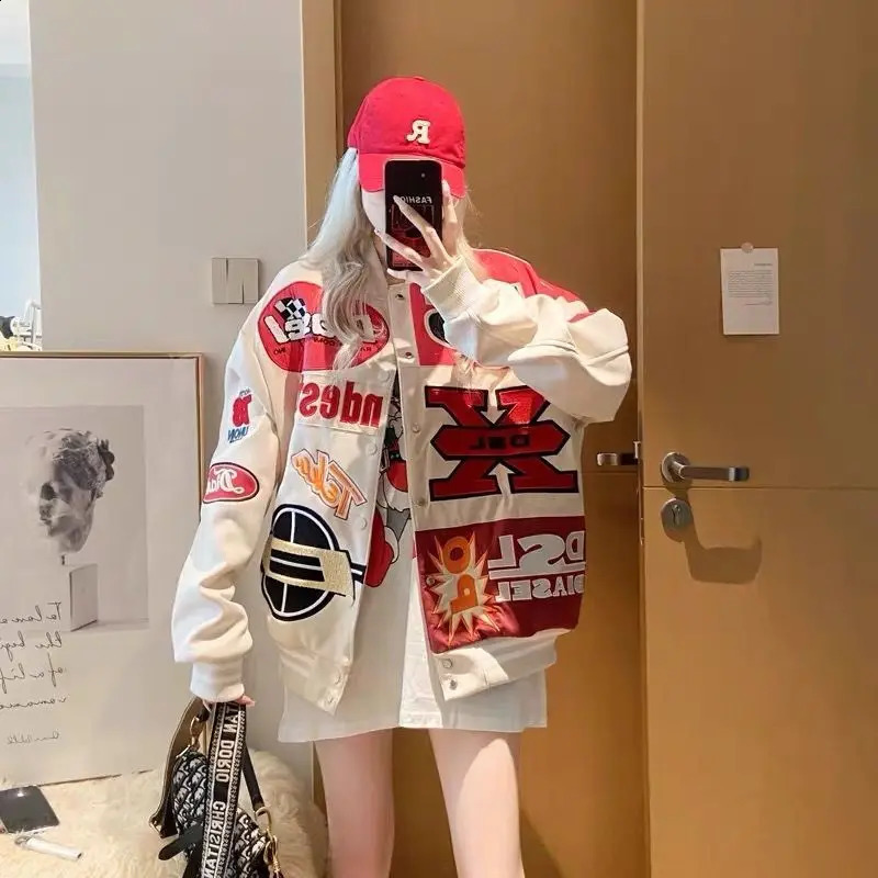Hip-hop embroidery contrasting color stitching baseball uniform autumn and winter motorcycle loose heavy industry couple jacket 240827