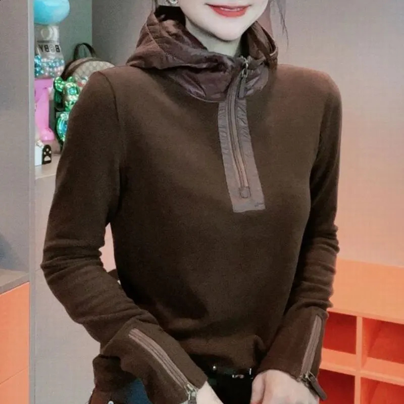 Commute Hooded Fashion Zipper Pulleys Womens Ultra Thin Solid Color Spring and Autumn Long Sleeve Fully Matched Splicing Sweatshirt 240827