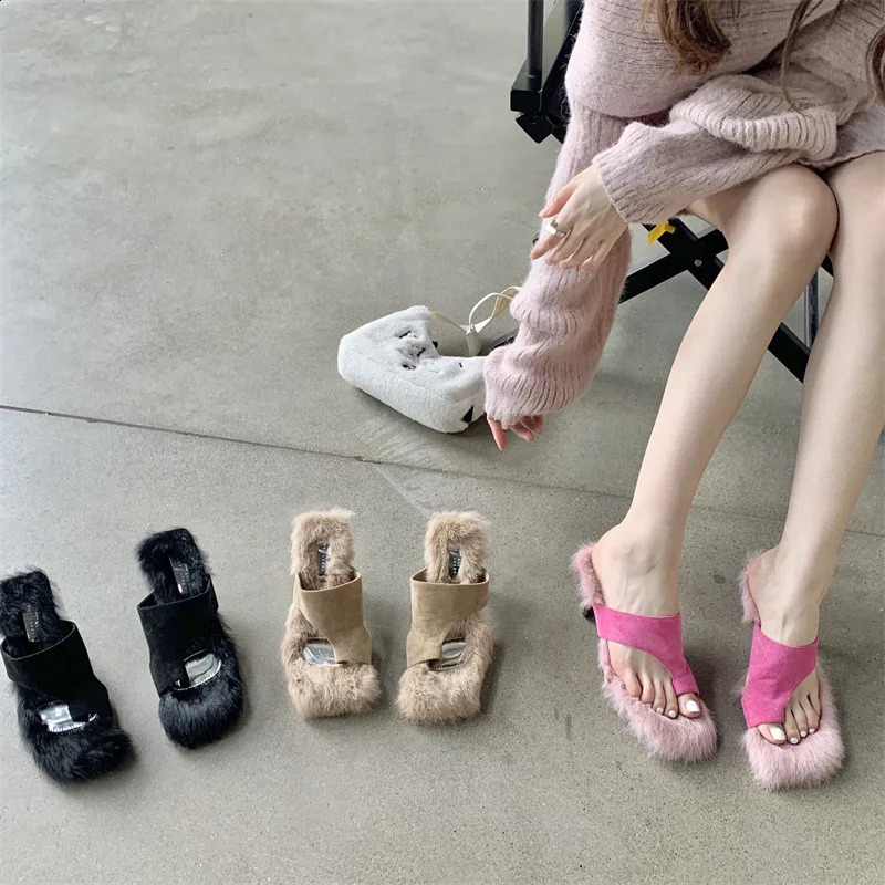 Womens True Rabbit Fur High Heel Sandals Ultra Fine High Heel Fur Slider 240827