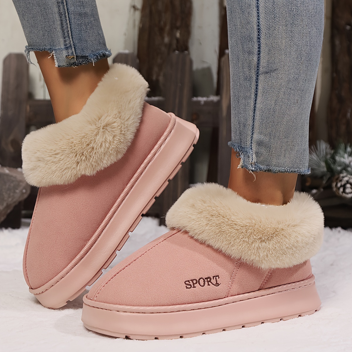 Women's Solid Color Fluffy Slippers, Soft Sole Platform Plush Lined Warm Shoes, Non-slip Floor Mute Shoes Snow boots