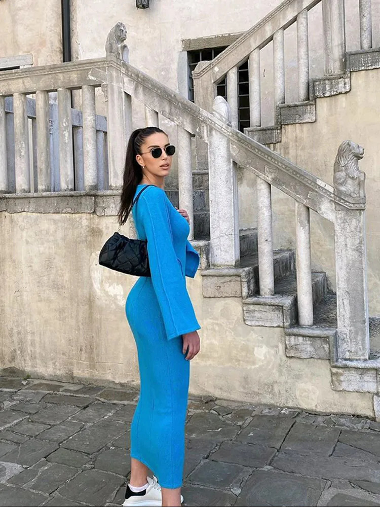 Knitted Flare Sleeve Maxi Dress Womens Elegant Patchwork Splicing Oneck Long Fashion Solid Hip Set Ultra Thin Robe 240826