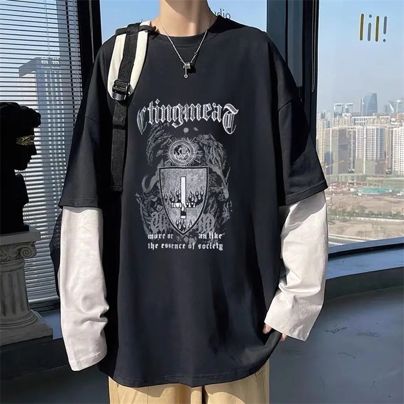 Black cross print long sleeved mens T-shirt autumn retro Y2k street clothing graphic T-shirt 240826