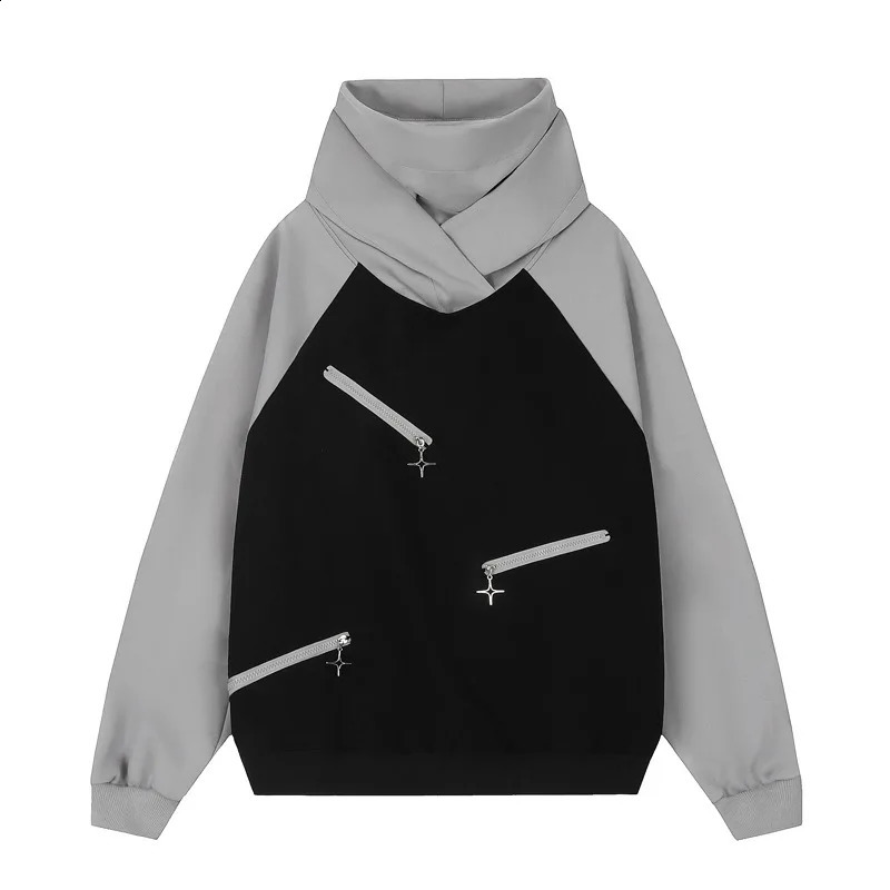 Hip Hop Clolor Block Patch Sweatshirt for Men Harakuju Retro Street Clothing Zipper Hoodie 240826