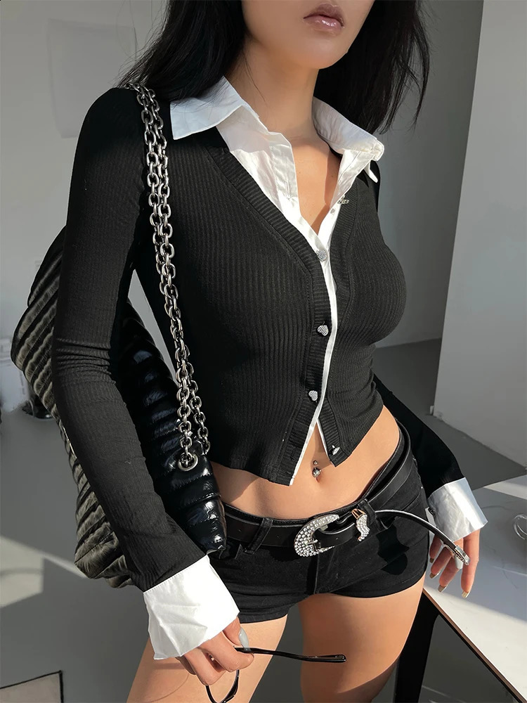 WOMENGAGA Spicy Contrastive Color Fake Double Polo Neck Long Sleeve Womens Autumn Ultra Thin Shirt Sweet Top X8VZ 240827