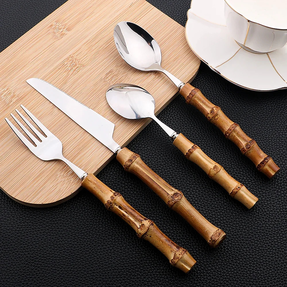 24 piece bamboo tableware set stainless steel pure natural handle w240826