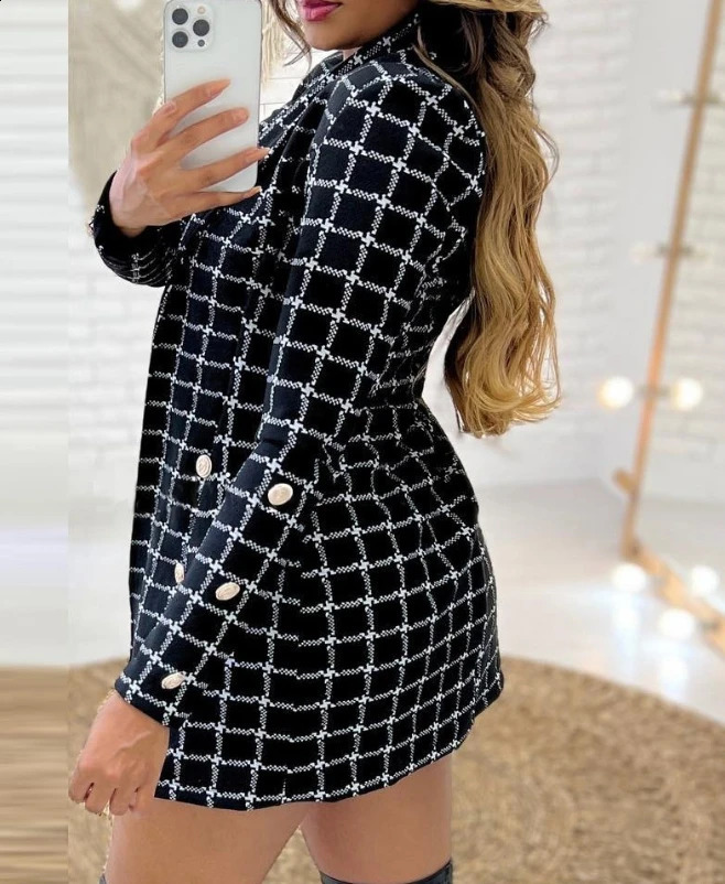 Elegant 3Pcs Plaid Print Blazer Coat Skirt Set with Crop Top Autumn Winter Spring Fashion Casual Female Suit 240826