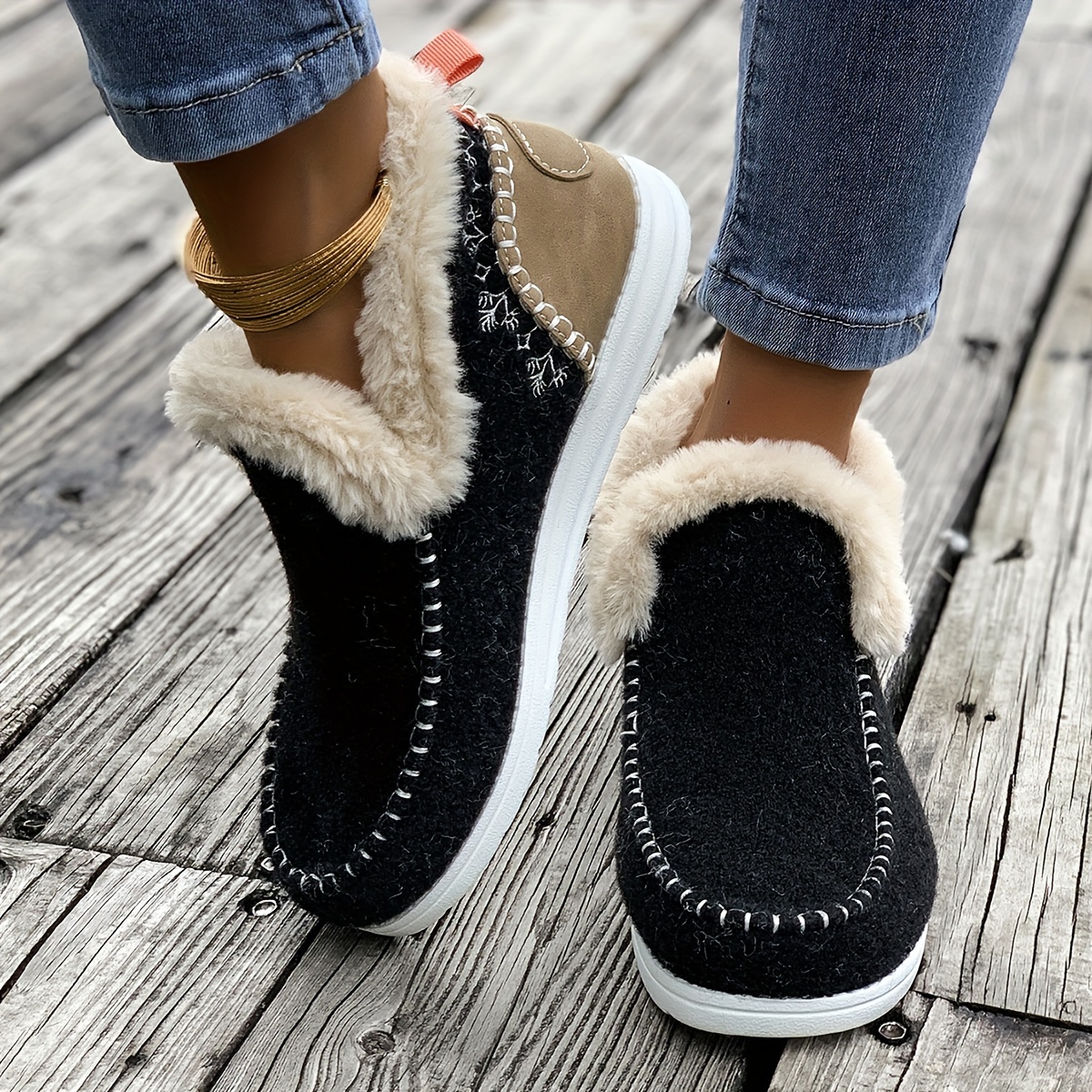 Women's Cozy Flannel Ankle Booties with Faux Fur Trim - Solid Color Slip-on Plain Toe Flat Heel Boots with Fabric Insole and TPR Sole - North Ame