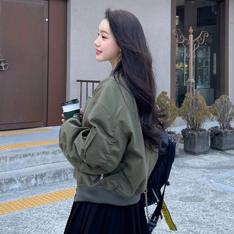 Deeptown Korean Fashion Bomber Jacket Women Oversize Streetwear Chic Elegant Female Zipper Baseball Jackets Winter Black Coat 240827