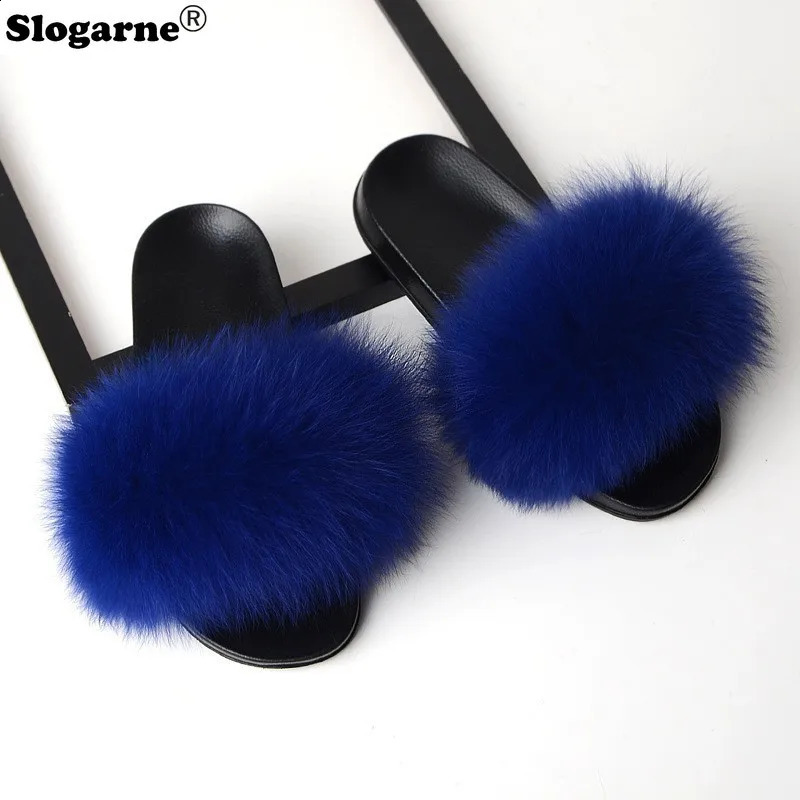 Real Fox fur slider womens outdoor leather slider unisex mens European colored Fox fur sandals 2024 womens sexy slider 240827