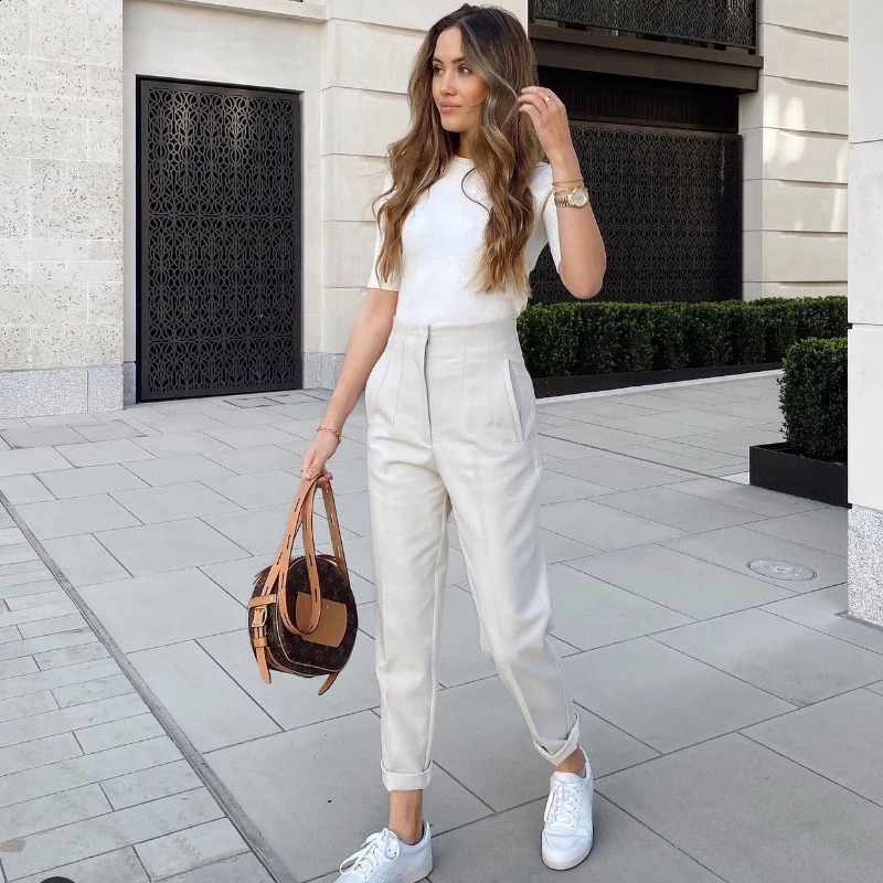 TRAF Fashion Office Wear High waist Pants for Women Formal outfits Pencil Trousers Black Pink White y240827
