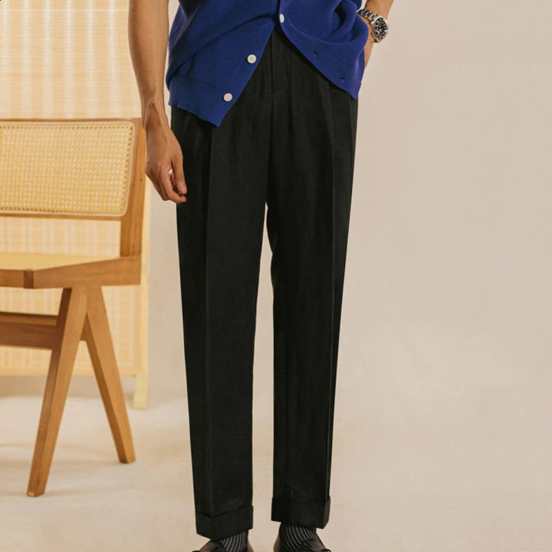 Linen Retro Casual Pant British High Waist Pants Office-trouser Men Dress White Pant Trouser Straight Leg Pant Naples 240827
