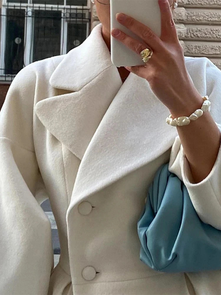 Fashion Solid Puff Sleeve Coat For Women Elegant Female Turn Down Collar Long Coats Chic Ladies Pockets Jackets 50% SALE 240826
