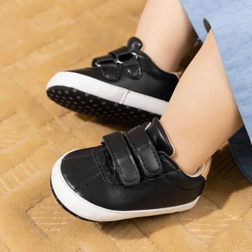 Cute girl boy soft soled shoes anti slip solid color leather trainer machine front traveler black and white brown casual shoes 0-18M M240827