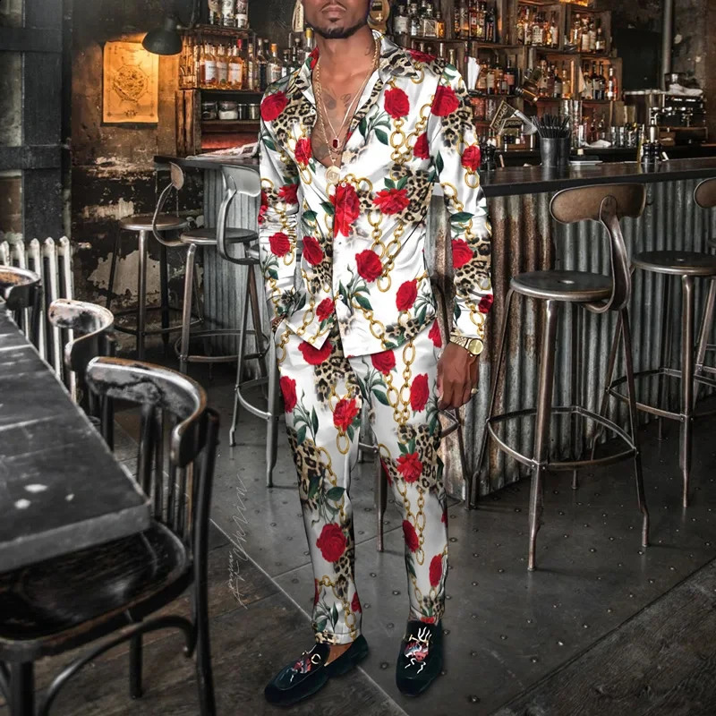 Summer fashion mens casual sportswear leopard print 3D printed mens lapel long sleeved shirt long pants two-piece outfit 240827