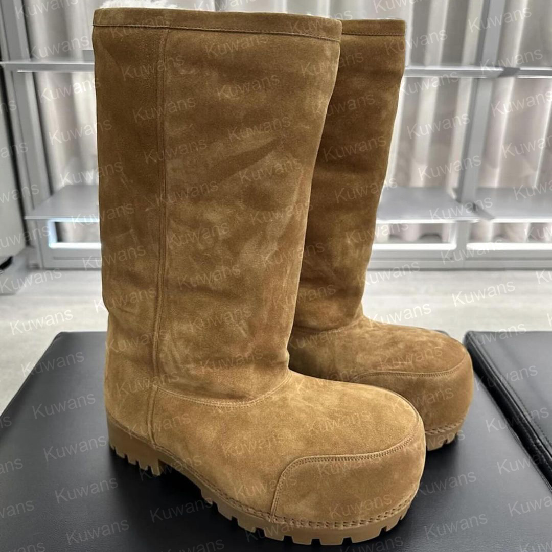 Designer Alaska Fur Boots Combat Strike High Bootie Winter Snow Fall Rain Fluffy Furry Calfskin Thick Rubber Sole Women Classic Platform