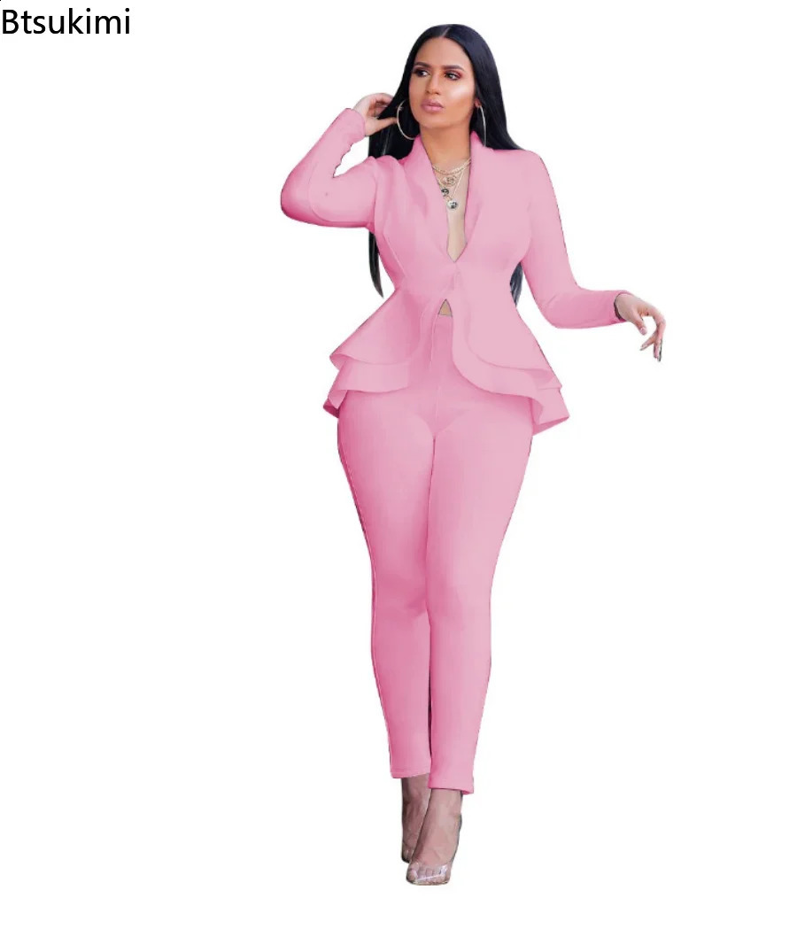 Womens Formal Set 2PCS Tracksuit Full Sleeve Ruffles Blazers Pencil Pants Suit Two Piece Set Office Lady Outfits Uniform 240826