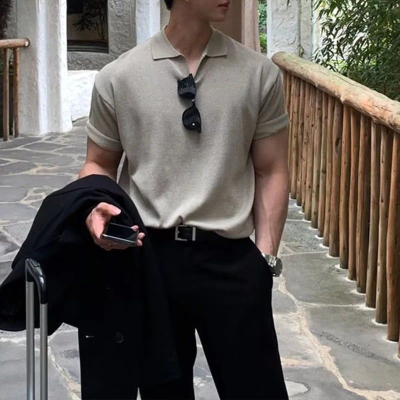 Korean Style Summer Retro Simple Knitted Polo Shirt Men Trendy Solid Color Lapel Loose Short Sleeved T Shirt 240820