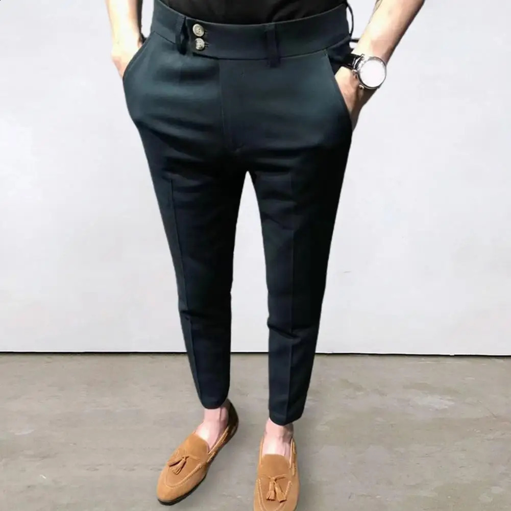 Trendy Men Ninth Pants Slim Fit Ninth Trousers Office Pockets Wear-resistant Zip Up Ninth Suit Pants 240827