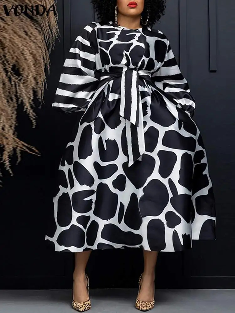 Plus Size 5XL VONDA Autumn Elegant Party Dress Long Sleeve Women Office Satin Silk Wedding Sundress Belted Casual Midi Vestidos 240827
